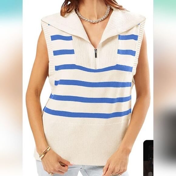 Womens Striped Zipper Sweater Vest Tank Top Lapel Size Small NWOT - Picture 4 of 5